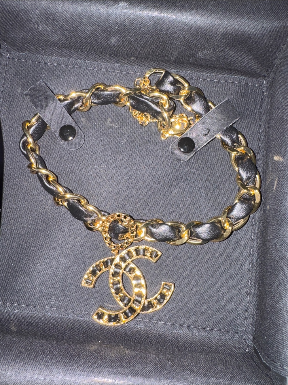 CHANEL Black & Gold Braided Chain Choker with CC Pendant Large